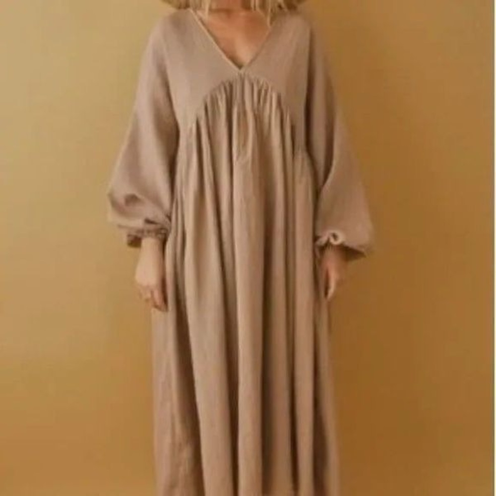 Boheme Goods The Dress Beige Cotton Gauze Long Sleeve Beige Dress - Picture 8 of 9